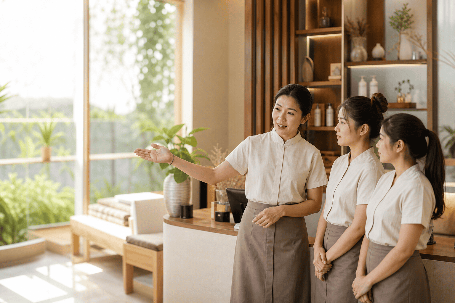 หัวหน้าทีมสาธิตขั้นตอนต้อนรับให้พนักงานในร้านจริง
