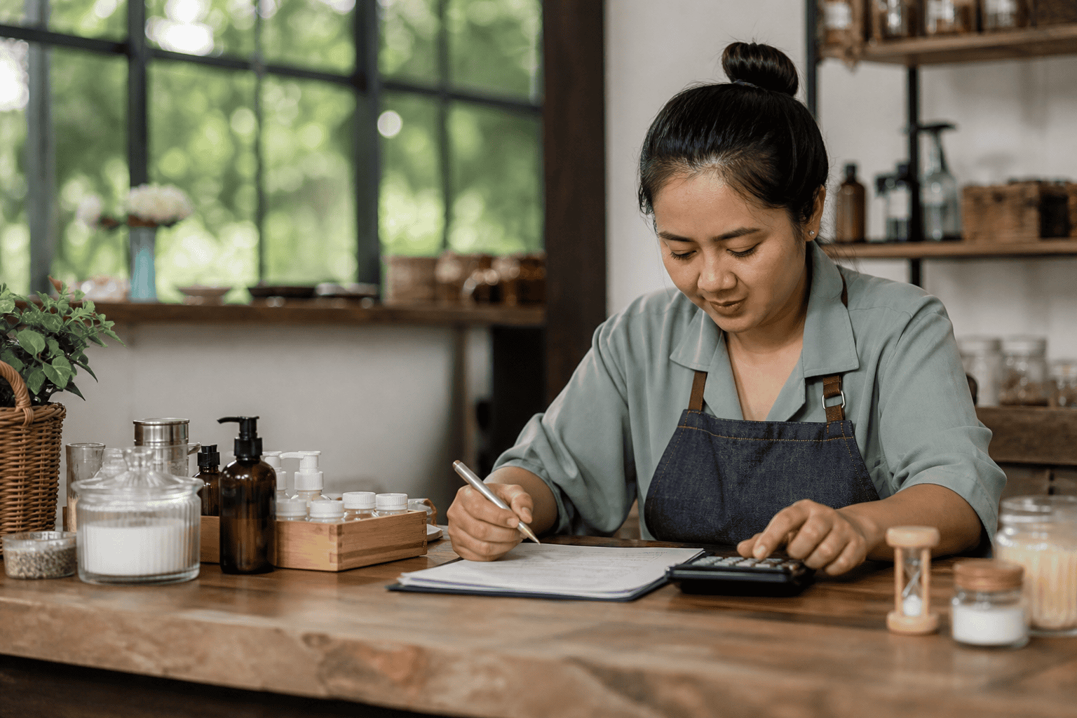เจ้าของร้านคำนวณต้นทุนจากเวลา วัสดุ และค่าแรงบนโต๊ะทำงานจริง