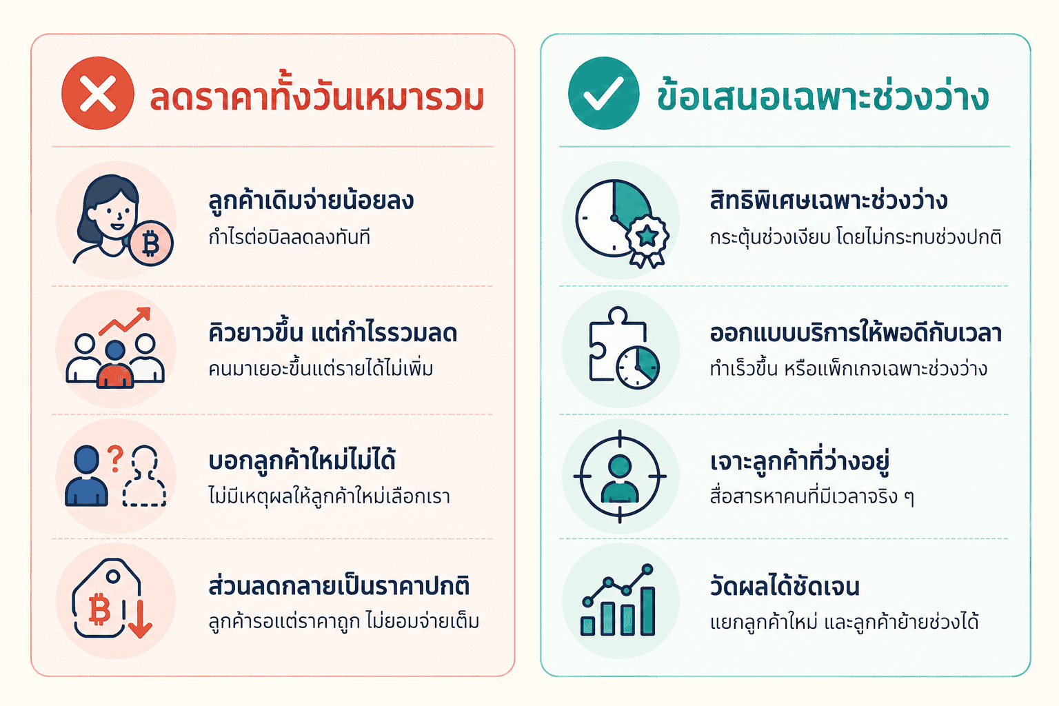 เทียบวิธีแก้ช่วงเงียบ ฝั่งซ้ายลดราคาทั้งวันเหมารวม ฝั่งขวาข้อเสนอเฉพาะช่วงว่าง