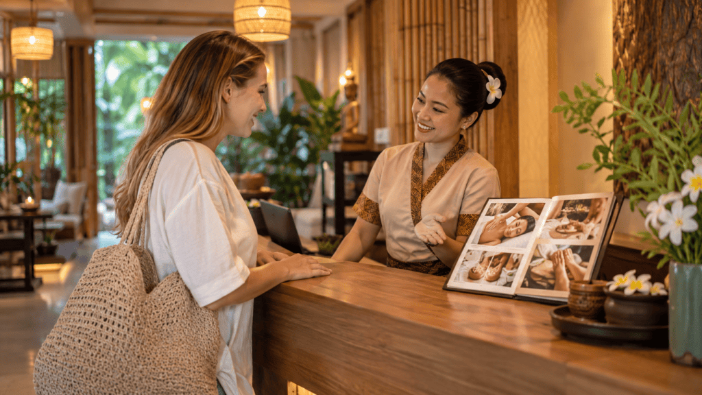 พนักงานร้านนวดยิ้มต้อนรับลูกค้าต่างชาติที่เคาน์เตอร์ พร้อมเมนูภาพประกอบให้เลือกบริการ