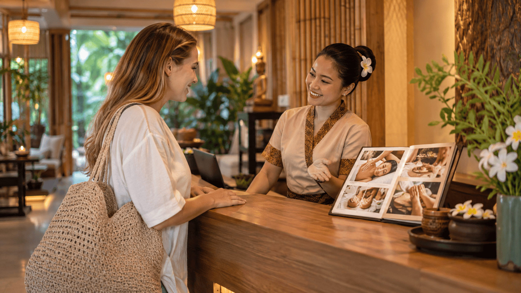 พนักงานร้านนวดยิ้มต้อนรับลูกค้าต่างชาติที่เคาน์เตอร์ พร้อมเมนูภาพประกอบให้เลือกบริการ