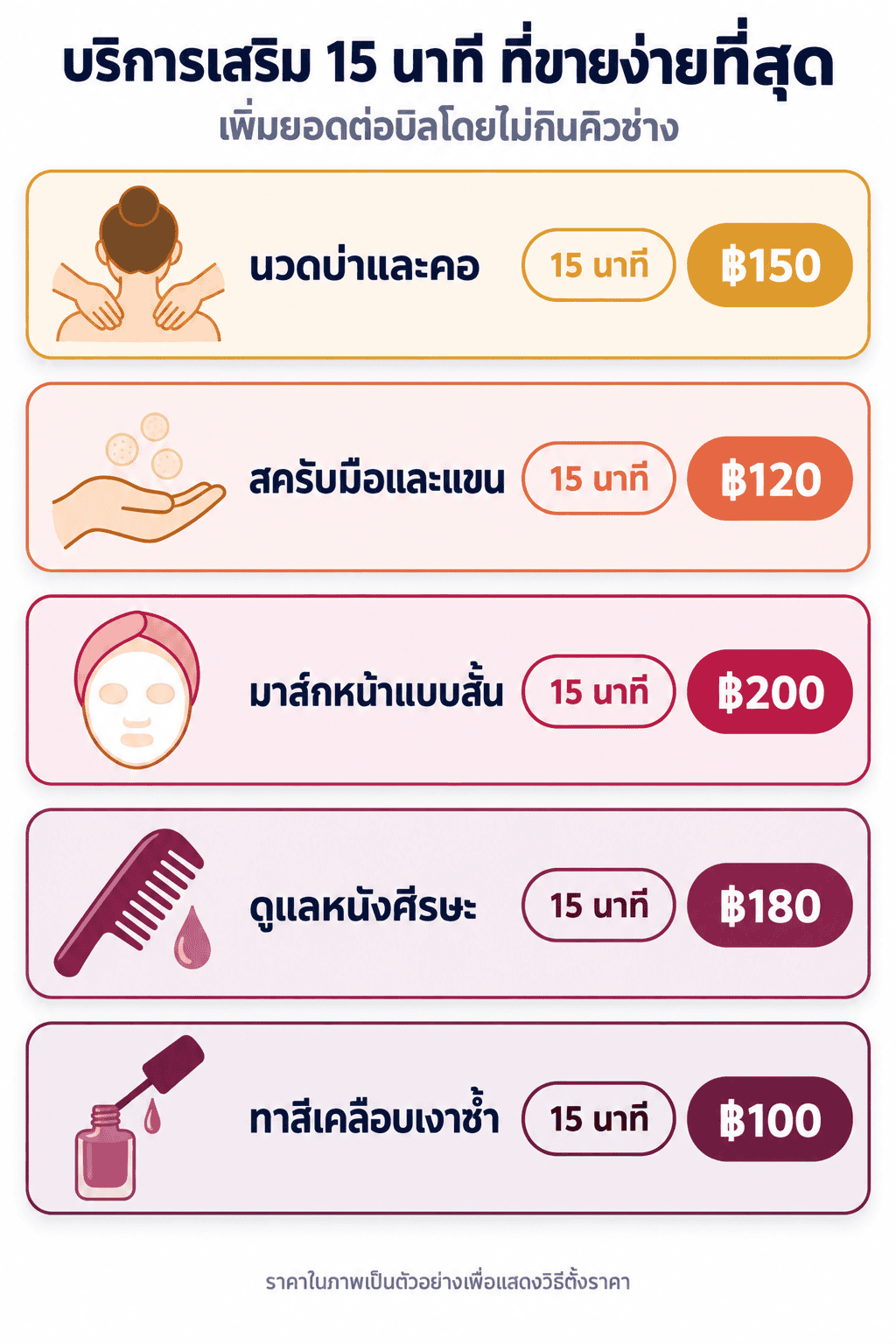 บริการเสริม 15 นาทีห้ารายการพร้อมราคาตัวอย่าง