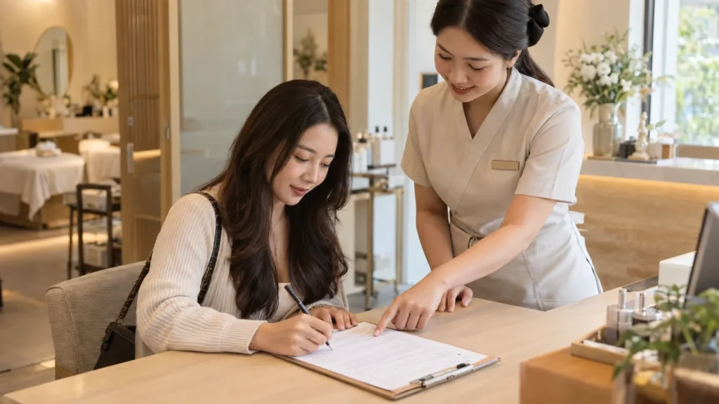 ลูกค้าอ่านและเซ็นใบรับทราบก่อนรับบริการที่เคาน์เตอร์ร้านบริการ พร้อมพนักงานอธิบายข้างๆ