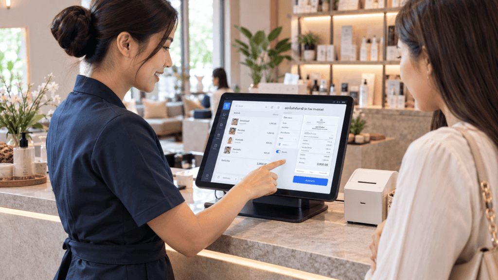 หน้าจอ POS ร้านบริการกำลังออกใบกำกับภาษีอิเล็กทรอนิกส์ให้ลูกค้าที่เคาน์เตอร์