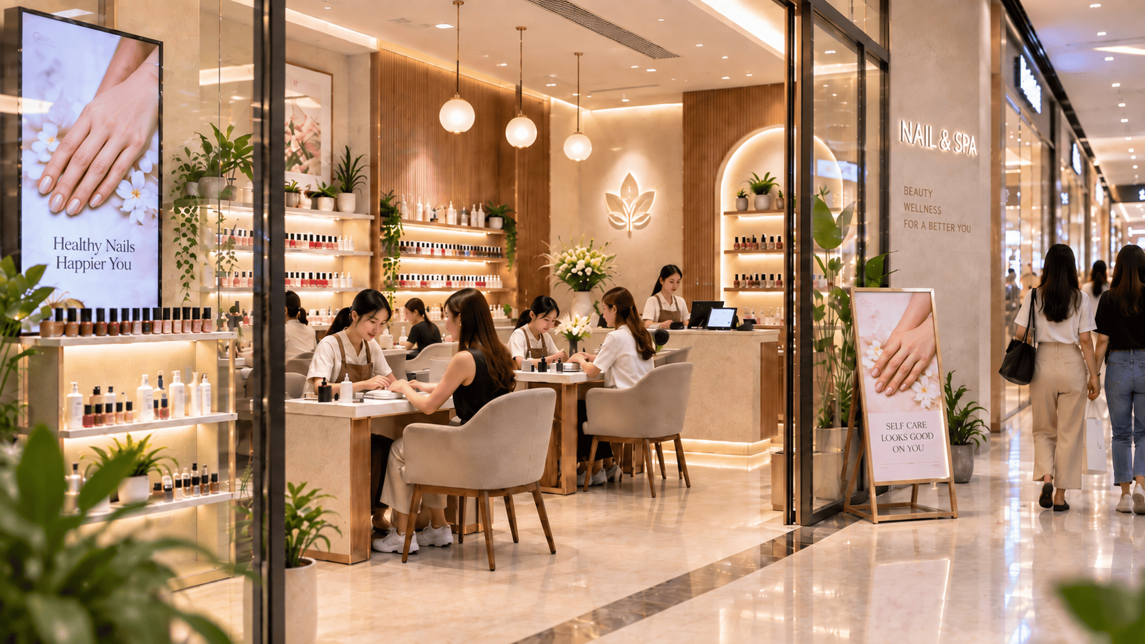 ร้านบริการทันสมัยในห้างสรรพสินค้าที่มีลูกค้าเดินผ่านหน้าร้าน