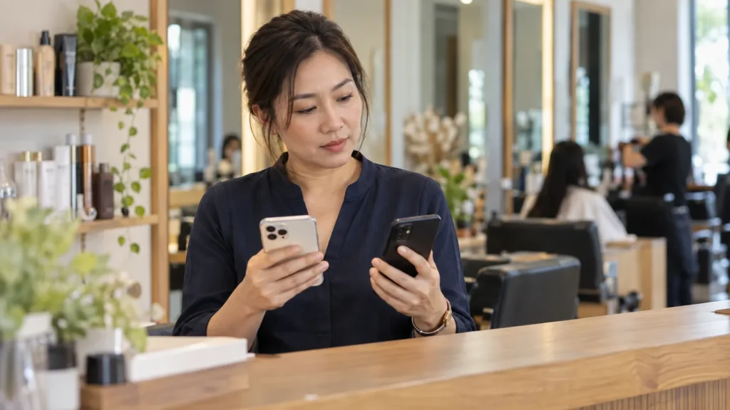 เจ้าของร้านบริการเปรียบเทียบการจองผ่านแอปของร้านกับการจองผ่านไลน์บนมือถือสองเครื่อง