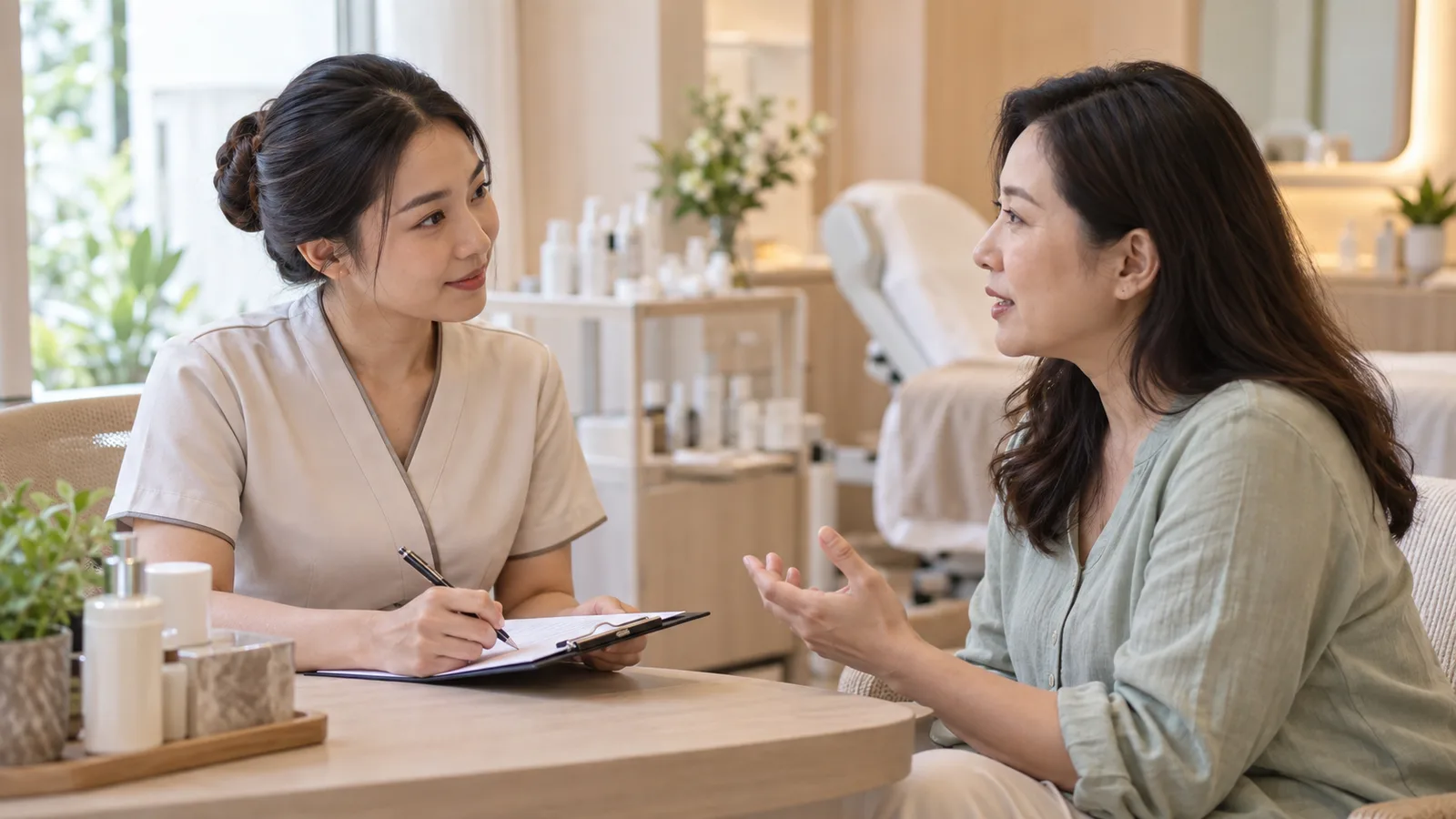 พนักงานร้านบริการสอบถามประวัติแพ้ของลูกค้าอย่างใส่ใจก่อนเริ่มบริการที่เคาน์เตอร์
