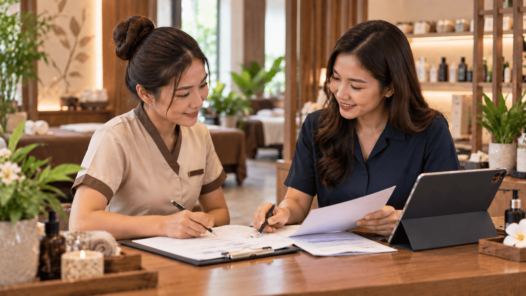 เจ้าของร้านนวดกำลังคุยเรื่องสัญญาแบ่งเปอร์เซ็นต์กับช่างที่เคาน์เตอร์