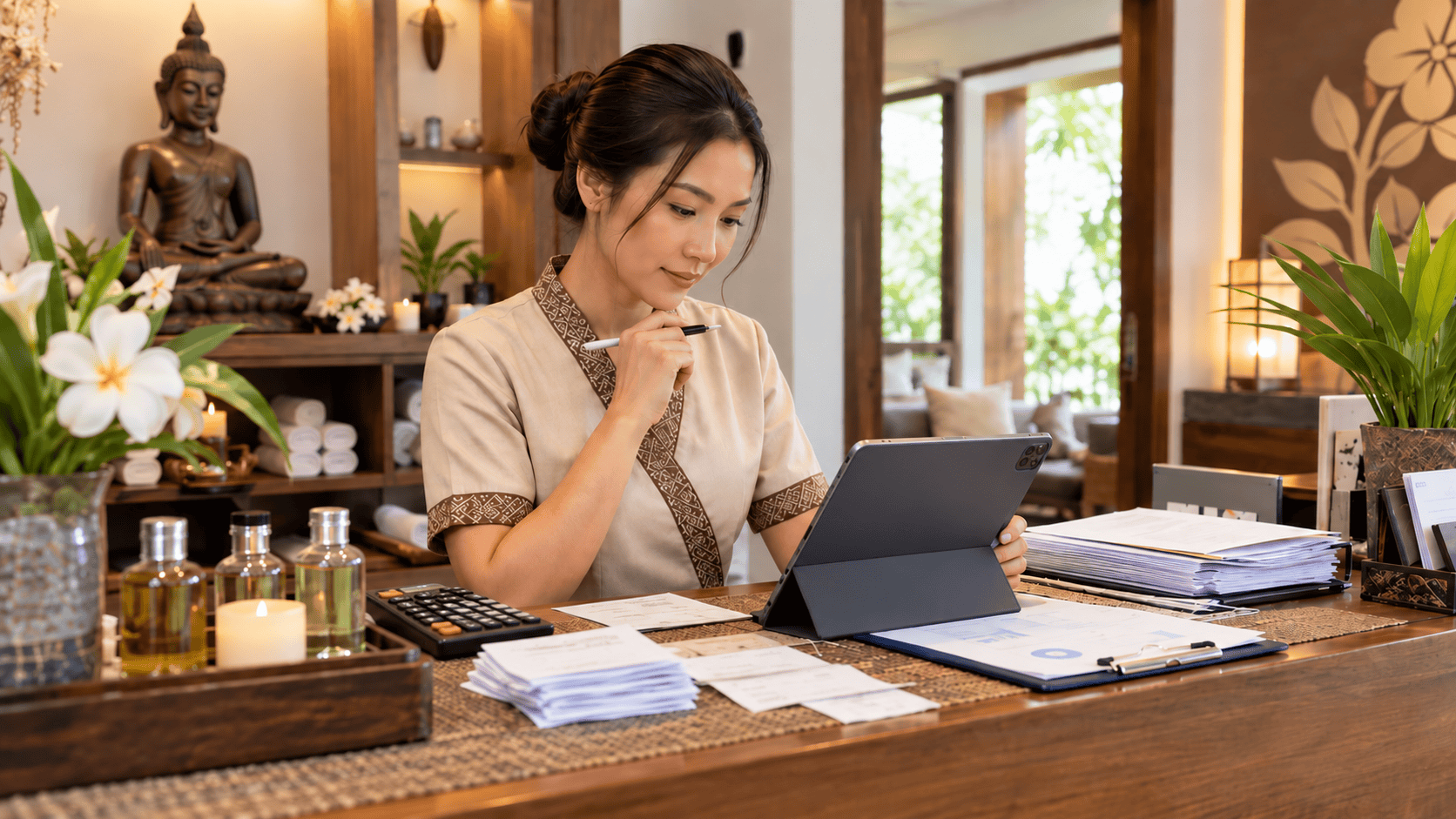 เจ้าของร้านสปากำลังตรวจยอดขายและเอกสารภาษีบนแท็บเล็ตที่เคาน์เตอร์ร้าน