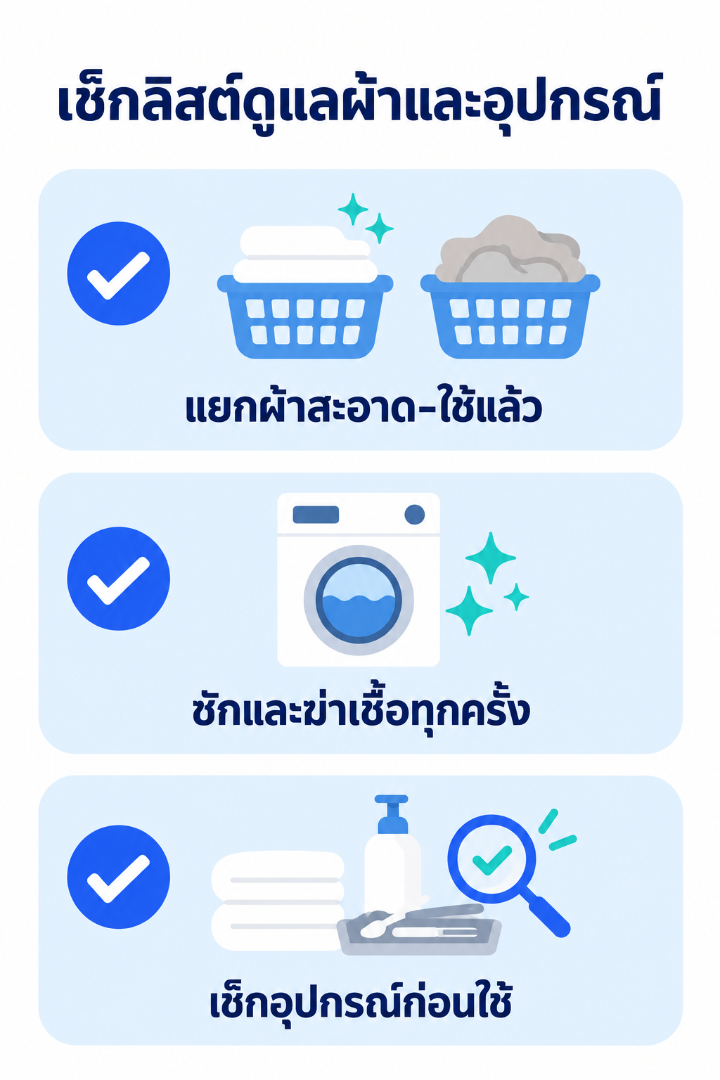 อินโฟกราฟิกสรุปเช็กลิสต์ดูแลความสะอาดผ้าและอุปกรณ์ในร้านสปา เหมาะสำหรับทีมงาน