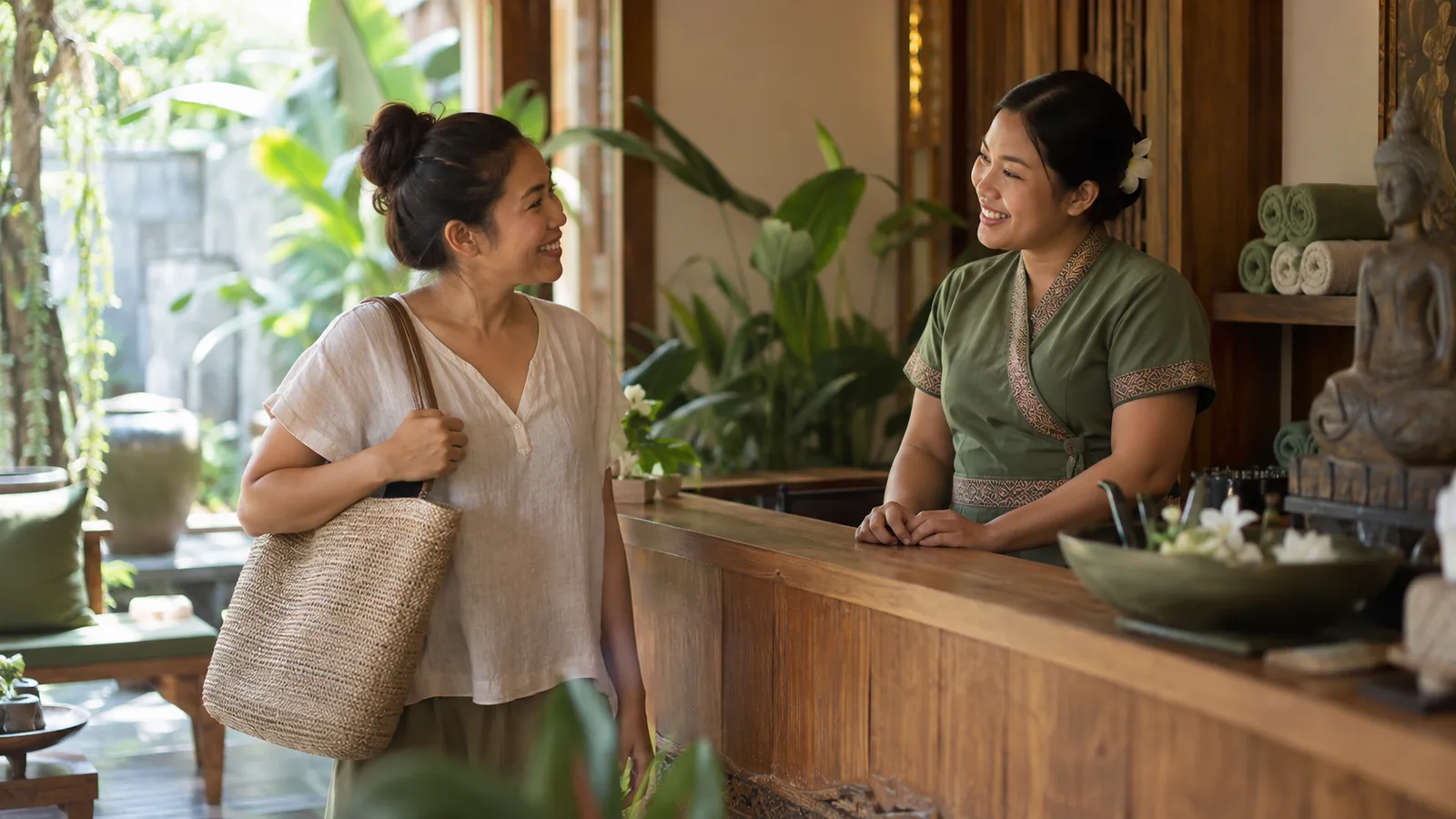 พนักงานร้านสปาทักถามลูกค้าอย่างเป็นกันเองใกล้เคาน์เตอร์ตอนจบบริการ
